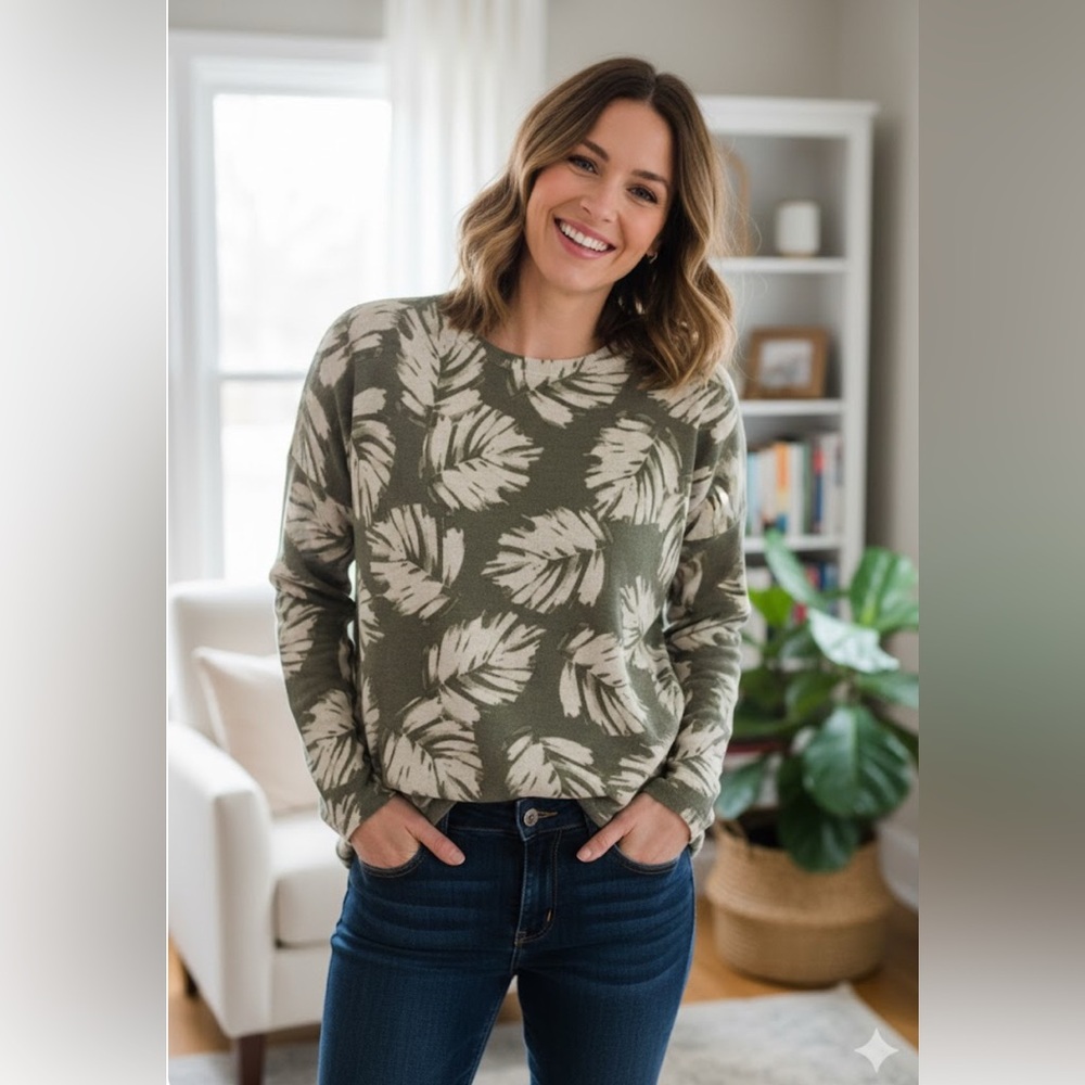 J Jill Womens linen XL‎ Palm Leaf Printed Sweater Pullover - Picture 7 of 9